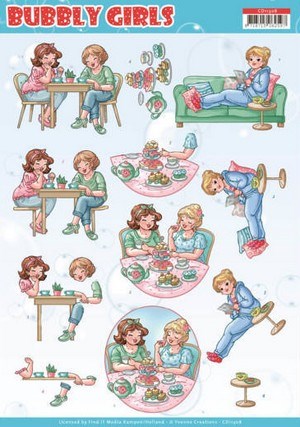 Damer spiser kager, kaffe/te, læser, Bubbly girls, 3d-ark, udstanset.